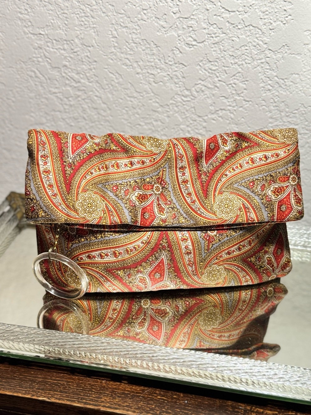 Vintage Fold Over Paisley Silk Clutch with Lucite Zipper Pull Detail